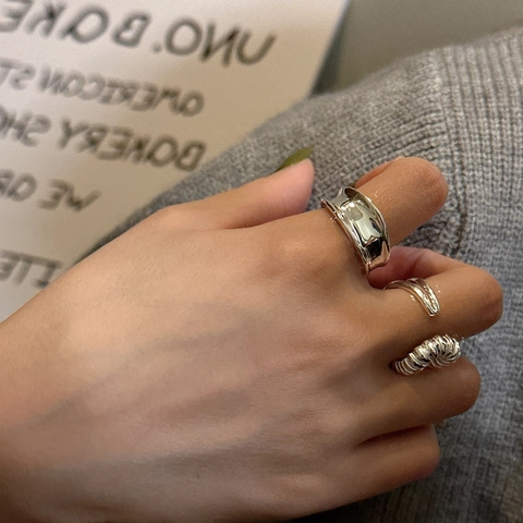 S925 Sterling Silver Concave Wave Ring Minimalist Irregular Open Adjustable Ring For Women Retro Korean Style Jewelry