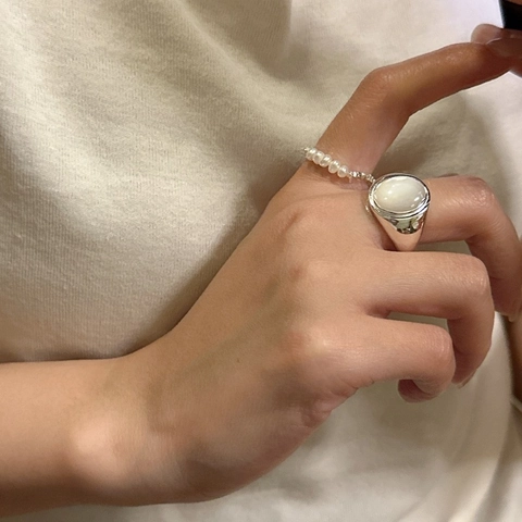 S925 Sterling Zilveren Open Ring Voor Dames Vintage Minimalistisch Verstelbaar Ovaal Wit Parelmoer Inleg Elegante Mode Sieraden