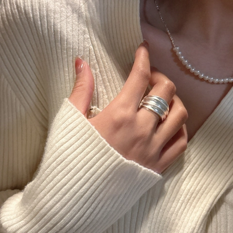 Anillo Ancho Mate de Plata de Ley 925 Minimalista para Mujer Capas Múltiples Geométrico Ajustable Joyería de Moda