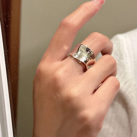S925 Sterling Silver Ring For Women Minimalist Irregular Wave Design Wide Band Polished Adjustable Opening Finger Ring Fashion Jewelry