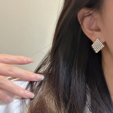 Orecchini a Bottone in Argento Sterling 925 con Griglia a Maglia per Donna Stile Coreano Intreccio Geometrico Gioielli di Moda