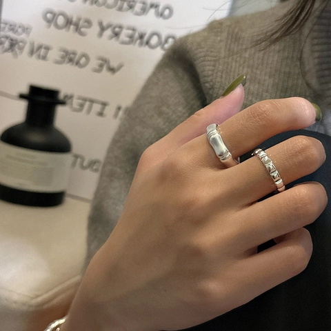 Anillo Ajustable Abierto de Plata de Ley S925 Diseño Coreano para Mujer Retro Geométrico Texturizado Minimalista Joyería