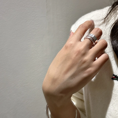 925 Sterlingsilber Gehämmert Textur Doppelschicht Offener Ring Für Damen Minimalistisch Geometrisch Verstellbarer Fingerring Retro Schmuck