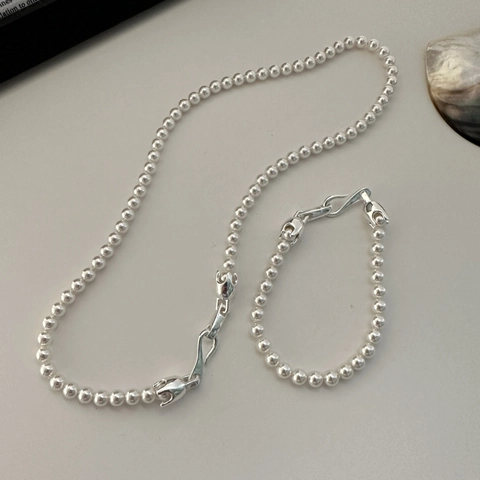 925 Sterling Silver Artificial Pearl Necklace Bracelet Set Minimalist U-Shaped Geometric Clasp For Women Fashion Jewelry