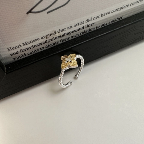Anello Quadrifoglio Arabesco in Argento Sterling 925 Bicolore per Donna Anello Aperto Regolabile Stile Retro Coreano INS Gioielli Regalo