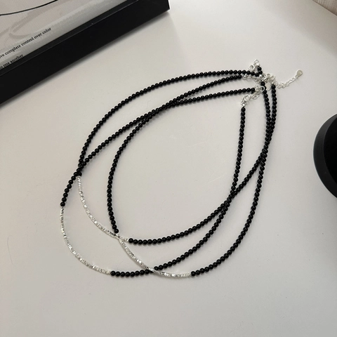 S925 Sterlingsilber Schwarzer Achat Perlenkette Für Damen Minimalistisches Nähdesign Choker Vintage Stil Mode Schmuck Geschenk