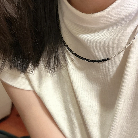 S925 Sterlingsilber Schwarzer Achat Perlenkette Für Damen Minimalistisches Nähdesign Choker Vintage Stil Mode Schmuck Geschenk