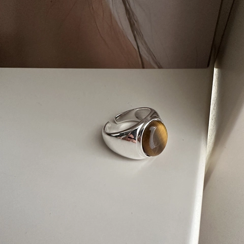 Anello Aperto Regolabile in Argento Sterling S925 Vintage Occhio di Tigre da Donna Minimalista Artistico Gemma Marrone Gioielli da Dito Regalo