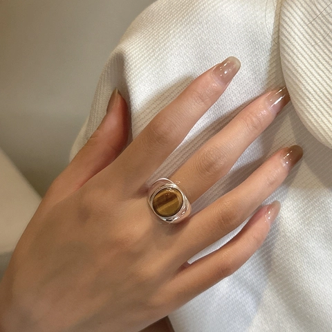 Anello Aperto Regolabile in Argento Sterling S925 Vintage Occhio di Tigre da Donna Minimalista Artistico Gemma Marrone Gioielli da Dito Regalo