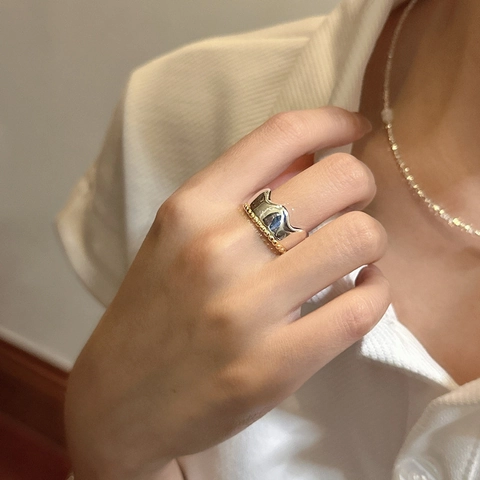 925 Sterlingsilber Wellenring Gold Silber Kontrast Nischendesign Offener Verstellbarer Vintage Ring Schmuck Für Damen