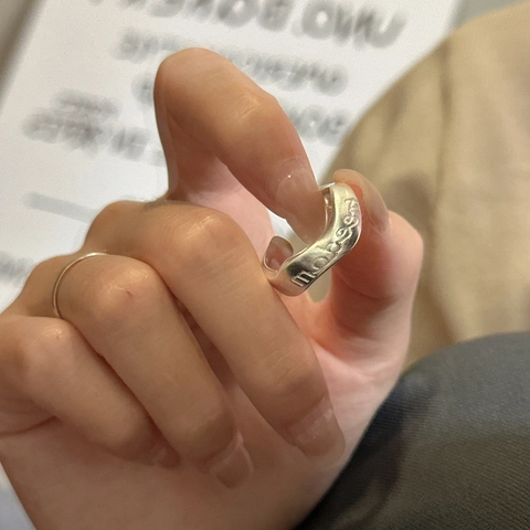Anillo Abierto Ajustable de Plata de Ley 925 Grabado Letra Freedom Minimalista Estilo Coreano Ins Mate Pulido Joyería para Mujer