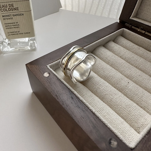 S925 Sterling Zilver Golvende Getextureerde Open Ring Voor Dames Koreaans Ontwerp Goud Zilver Contrast Verstelbare Vingerring