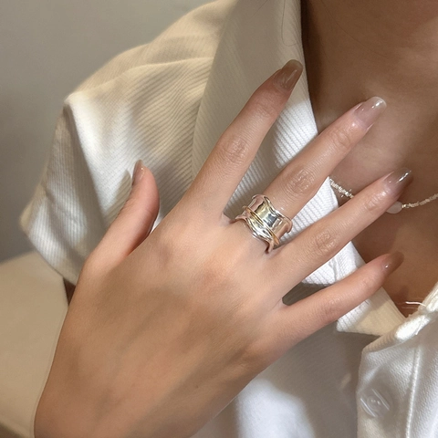 S925 Sterling Zilver Golvende Getextureerde Open Ring Voor Dames Koreaans Ontwerp Goud Zilver Contrast Verstelbare Vingerring