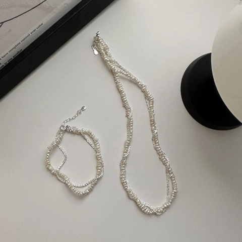 French Elegant 925 Sterling Silver Twisted Necklace Bracelet Jewelry Set With Artificial Pearl Double Layer Shimmering Chain