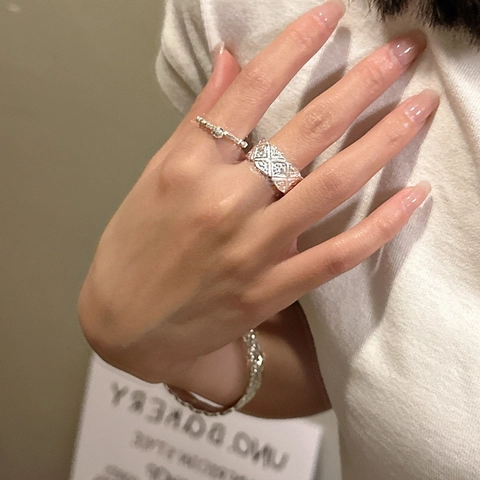 Anello Aperto Trapuntato in Argento Sterling S925 per Donna Gioielli Regolabili a Fascia Larga Geometrici Minimalisti