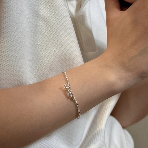 Pulsera de Pepita de Plata de Ley S925 para Mujer Minimalista Coreano Cierre de Barra y Aro Cadena de Mano Geométrica Joyería de Moda
