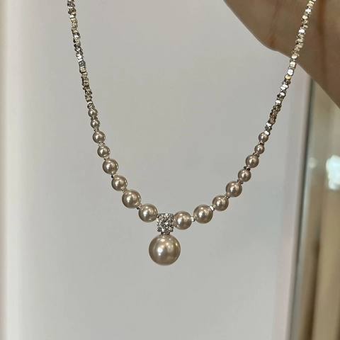 Collar de Perlas Artificiales Degradadas de Plata de Ley S925 para Mujer Diseño de Nicho Elegante Cadena de Clavícula con Strass Joyería
