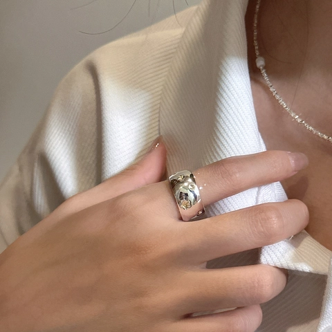 S925 Sterlingsilber Stern Offener Ring Für Damen Kontrast Gold Silber Pentagramm Breites Band Verstellbarer Fingerring Modeschmuck