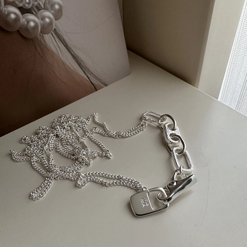 Collana Asimmetrica in Argento Sterling 925 Vintage per Donna Ciondolo a Lucchetto con Maglia ad Ancora Artistico Gioielli a Catena Lunga
