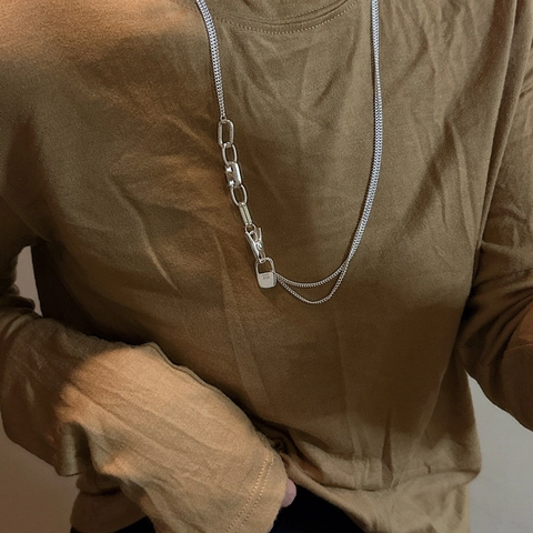 Collana Asimmetrica in Argento Sterling 925 Vintage per Donna Ciondolo a Lucchetto con Maglia ad Ancora Artistico Gioielli a Catena Lunga