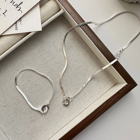 Koreanischer Stil S925 Sterlingsilber Doppelter Ineinandergreifender Ring Schlangenknochenkette Armband Minimalistisch Damen Schmuck