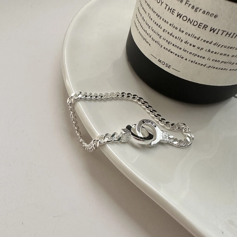 925 Sterling Zilver In elkaar grijpende Dubbele Ring Cubaanse Schakelarmband Voor Dames Minimalistisch Hoefijzer Gesp Hand Sieraden