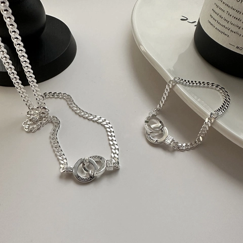925 Sterling Zilver In elkaar grijpende Dubbele Ring Cubaanse Schakelarmband Voor Dames Minimalistisch Hoefijzer Gesp Hand Sieraden