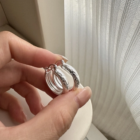 Pendientes de Aro de Plata de Ley S925 Patrón Arabesco Diseño Floral Grabado Vintage Joyas Personalizadas para Mujer