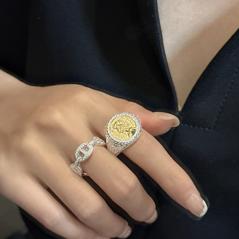 Anello in Argento Sterling 925 Vintage Regina Elisabetta II Per Donna Bicolore Oro Argento Goffrato Regolabile Aperto Gioielli