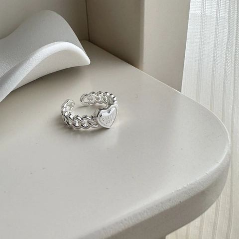 S925 Sterlingsilber Herz Verstellbarer Ring Für Damen Koreanischer Stil Gewebtes Kettenmuster Graviertes Herz Offener Fingerring Schmuck Geschenk