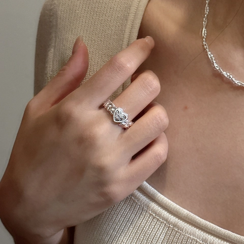 S925 Sterlingsilber Herz Verstellbarer Ring Für Damen Koreanischer Stil Gewebtes Kettenmuster Graviertes Herz Offener Fingerring Schmuck Geschenk