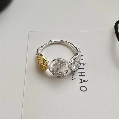 Anillo de Retrato en Relieve de Moneda de Plata de Ley S925 Vintage Tonos Mixtos Oro Plata Anillo Ajustable Abierto para Mujer Joyería