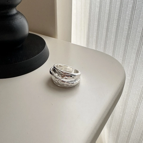 S925 Sterlingsilber Ring Mehrschichtig Gehämmert Textur Minimalistisch Verstellbar Offener Ring Retro Mode Damen Schmuck