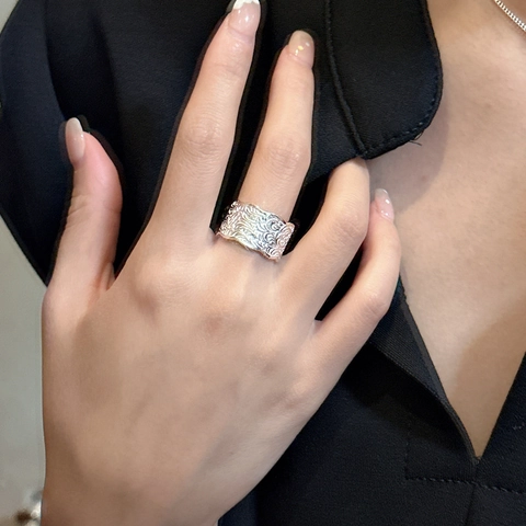 Vintage 925 Sterling Silber Breiter Ring Für Damen Geschnitztes Rankenmuster Wellenkante Verstellbarer Offener Fingerring Mode INS Schmuck