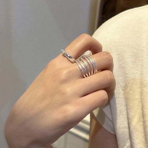 Anillo Abierto de Línea Cruzada Multicapa de Plata de Ley 925 Minimalista Ajustable Retro Anillo de Dedo de Plata Joyas para Mujer Regalo