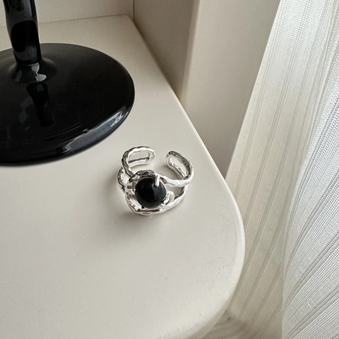 S925 Sterling Silver Black Agate Ring For Women Vintage Textured Open Adjustable Band Korean Style Minimalist Jewelry Gift
