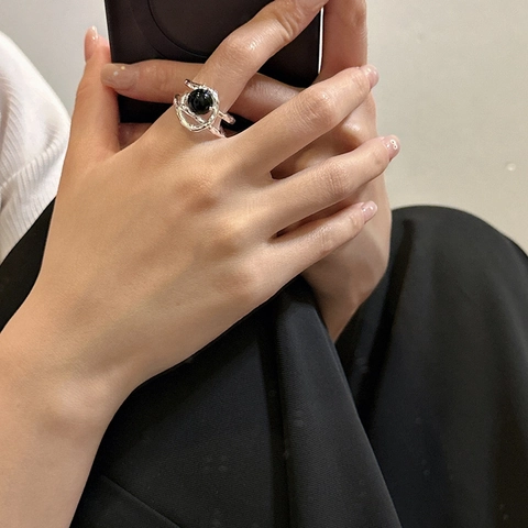 S925 Sterling Silver Black Agate Ring For Women Vintage Textured Open Adjustable Band Korean Style Minimalist Jewelry Gift