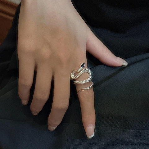 S925 Sterlingsilber Schlange Ring Für Damen Vintage Punk Wickel Verstellbar Offen Fingerring Schwarz Strass Schmuck Geschenk