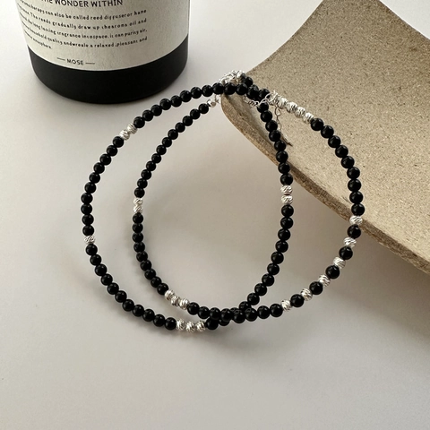 Collar de Cuentas de Ágata Negra de Plata de Ley S925 para Mujer Minimalista Estilo Ins Cadena de Clavícula Ajustable Joyería de Regalo