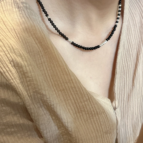 Collar de Cuentas de Ágata Negra de Plata de Ley S925 para Mujer Minimalista Estilo Ins Cadena de Clavícula Ajustable Joyería de Regalo