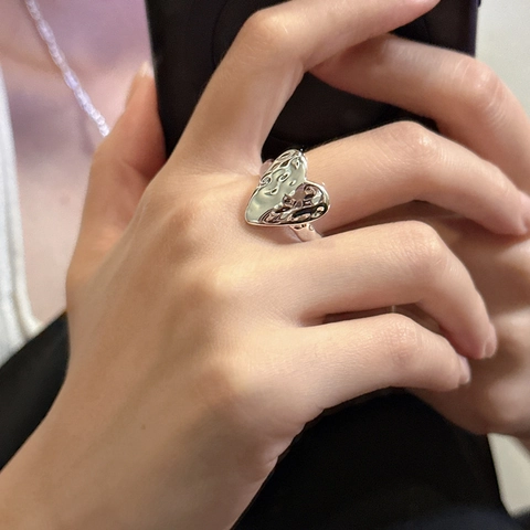 925 Sterlingsilber Gehämmerter Herz Offener Ring Für Damen Personalisierte Lava Textur Minimalistischer Verstellbarer Ring Schmuck