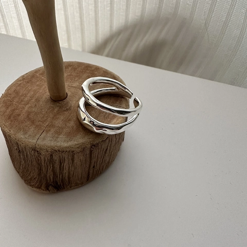 Anello Aperto a Doppio Strato in Argento Sterling S925 Minimalista Regolabile in Metallo Liquido Effetto Lava Onda Donna Gioielli