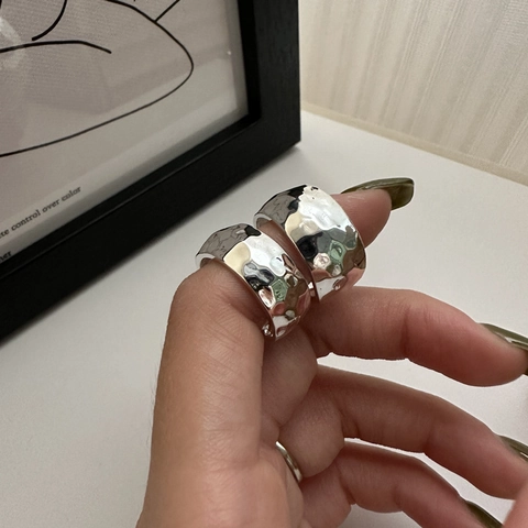 925 Sterling Zilveren Ring Voor Vrouwen Minimalistisch Retro Gehamerde Textuur Brede Band Verstelbare Open Ring Mode Sieraden