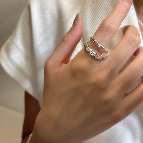 Anello Aperto a Doppio Strato in Argento Sterling S925 Minimalista Regolabile in Metallo Liquido Effetto Lava Onda Donna Gioielli