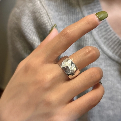 925 Sterling Zilveren Ring Voor Vrouwen Minimalistisch Retro Gehamerde Textuur Brede Band Verstelbare Open Ring Mode Sieraden