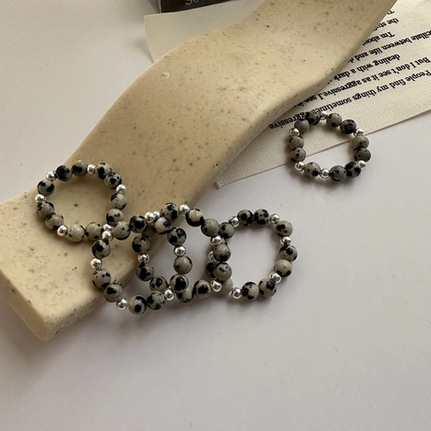 S925 Sterling Silver Dalmatian Jasper Beaded Ring For Women Minimalist Natural Stone Spotted Elastic Finger Ring Jewelry