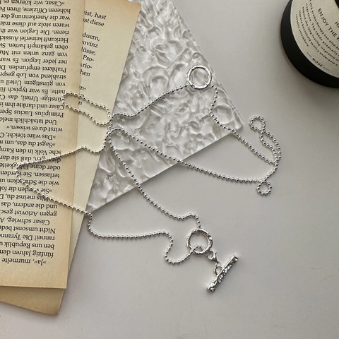 925 Sterling Silver OT Toggle Clasp Necklace For Women Minimalist Hammered Texture Bead Chain Long Sweater Chain Jewelry