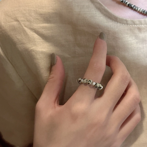 S925 Sterling Silver Dalmatian Jasper Beaded Ring For Women Minimalist Natural Stone Spotted Elastic Finger Ring Jewelry