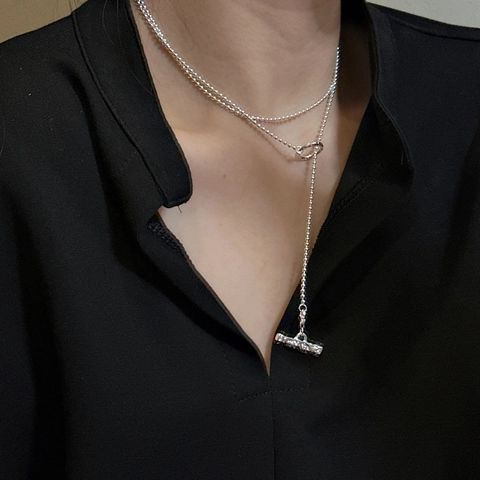 925 Sterling Silver OT Toggle Clasp Necklace For Women Minimalist Hammered Texture Bead Chain Long Sweater Chain Jewelry