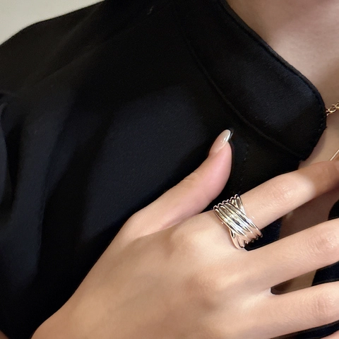 S925 Sterlingsilber Mehrlagig Verflochten Geometrischer Offener Ring Für Damen Minimalistisch Verstellbarer Fingerring